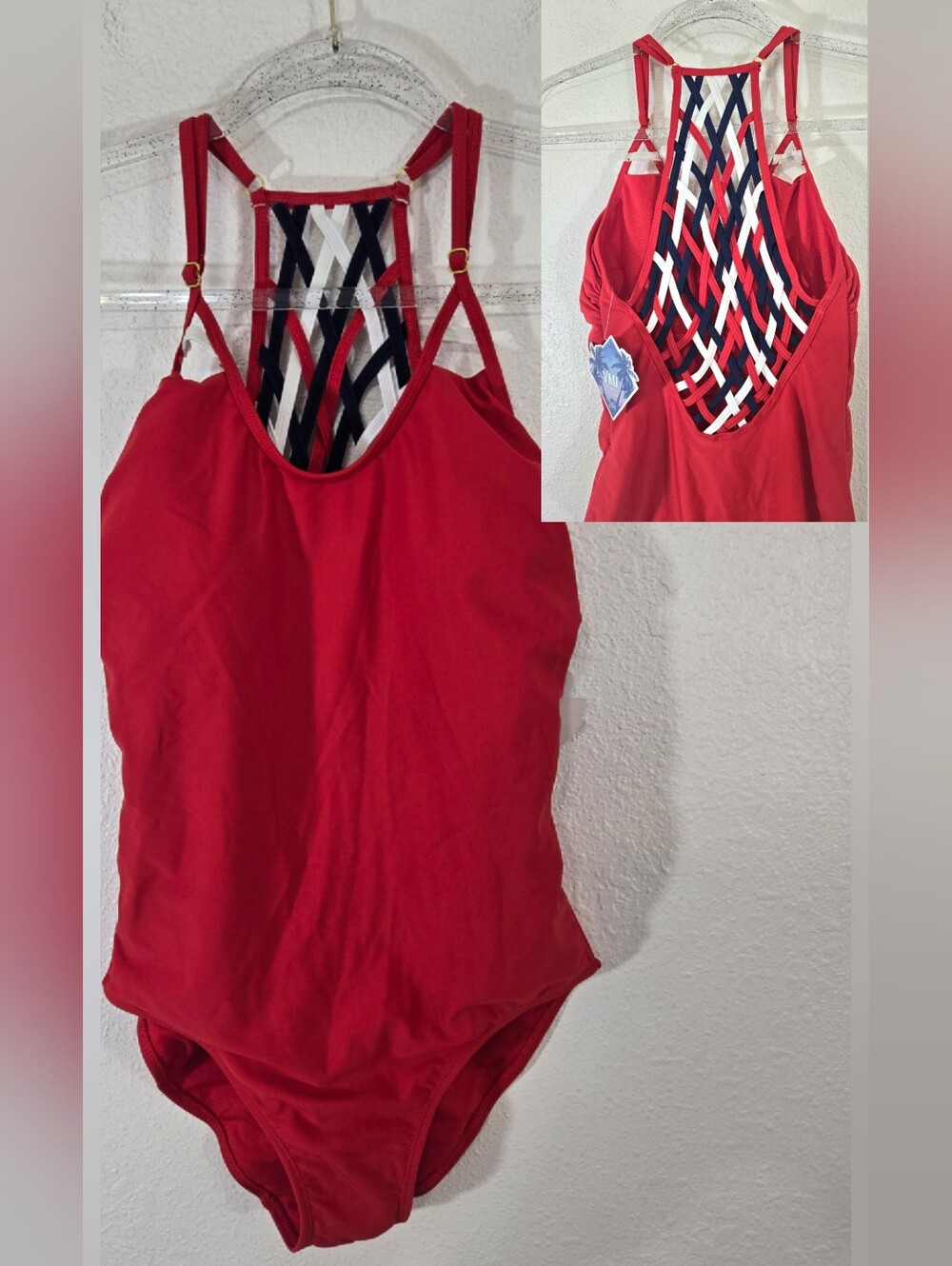 *NWT* YMI Swimwear Vibrant Red One-Piece Swimsuit w/Red White Blue Back, Small